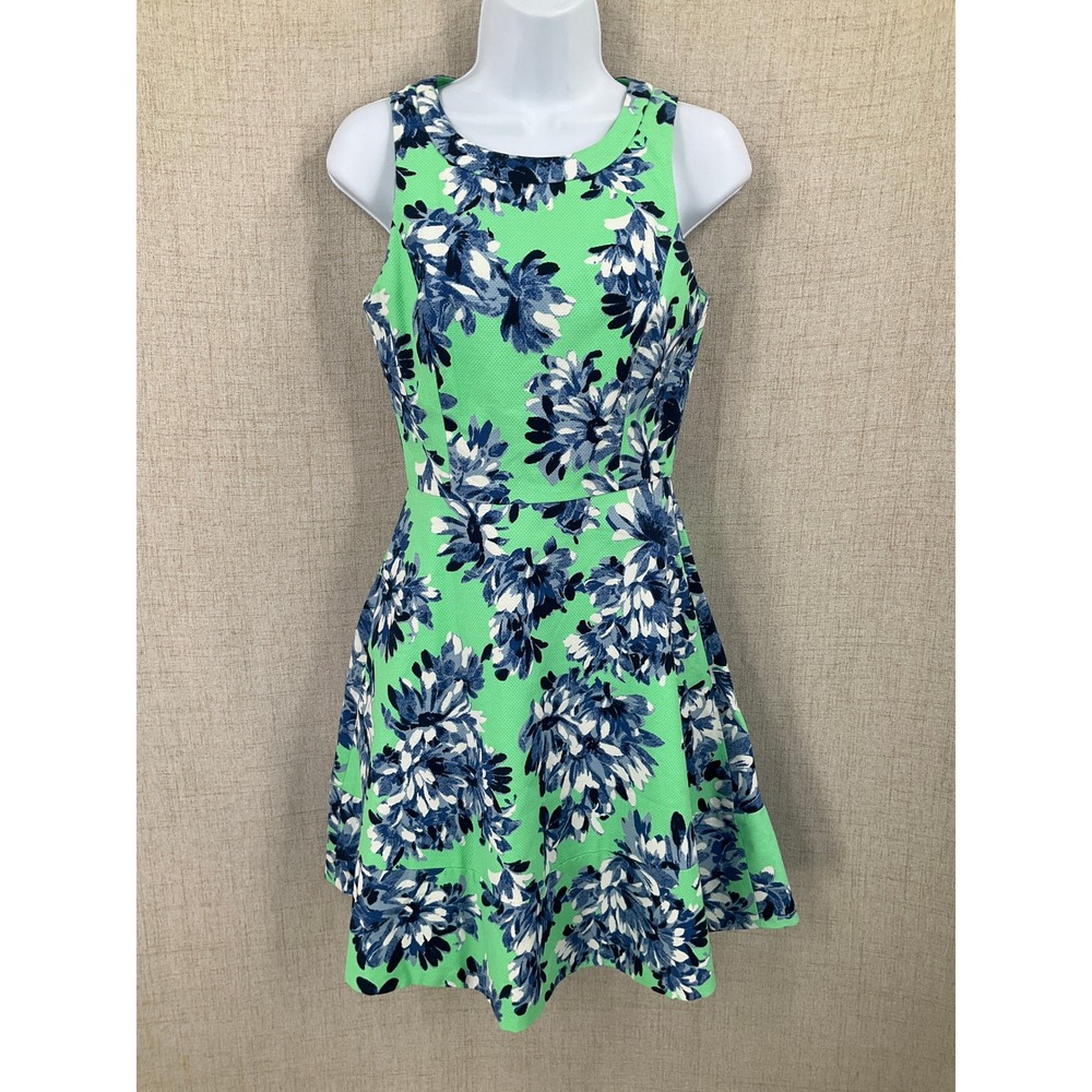 J.Crew Fit Flare Dress Women 00 Green Cotton Floral Pique Preppy Classic